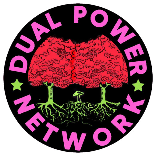 A Dual Power Network logo. A pair of trees with roots reaching into the ground. Fungal shoots in the soil bridge the roots of the trees.